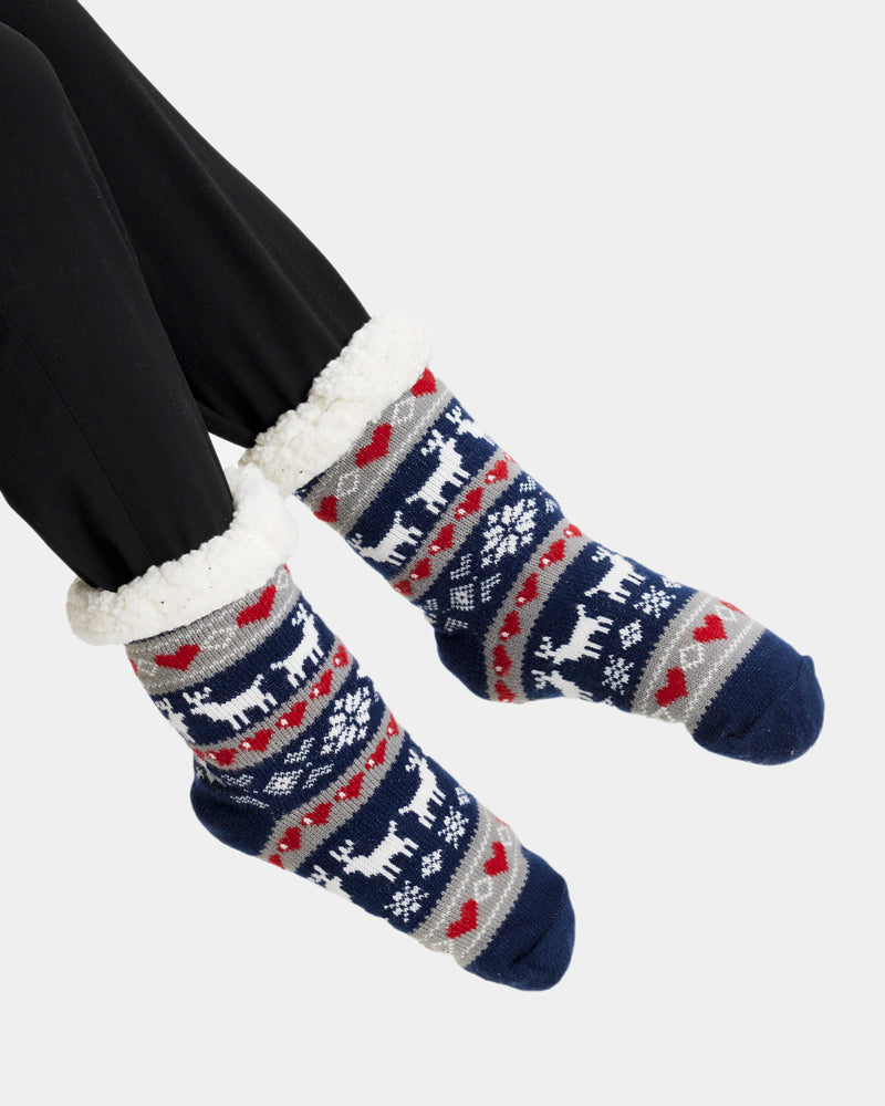 Chaussons Chaussettes de Nöel Bleu avec Rennes et Cœurs Femme et Homme