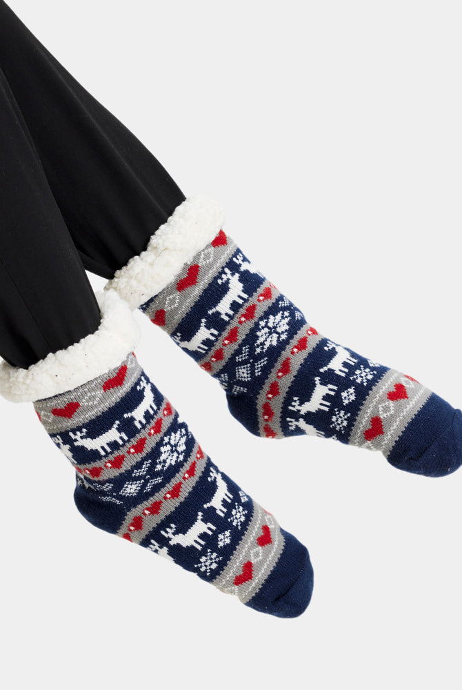 Chaussons Chaussettes de Nöel Bleu avec Rennes et Cœurs Femme et Homme