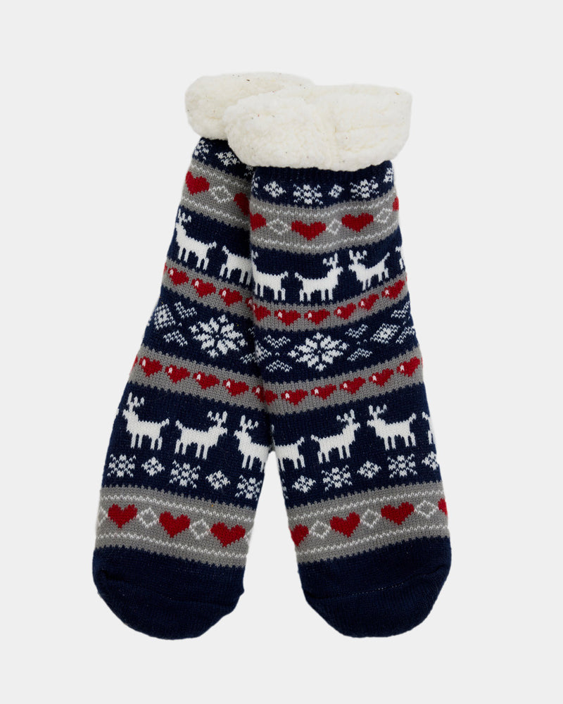 Chaussons Chaussettes de Nöel Bleu avec Rennes et Cœurs