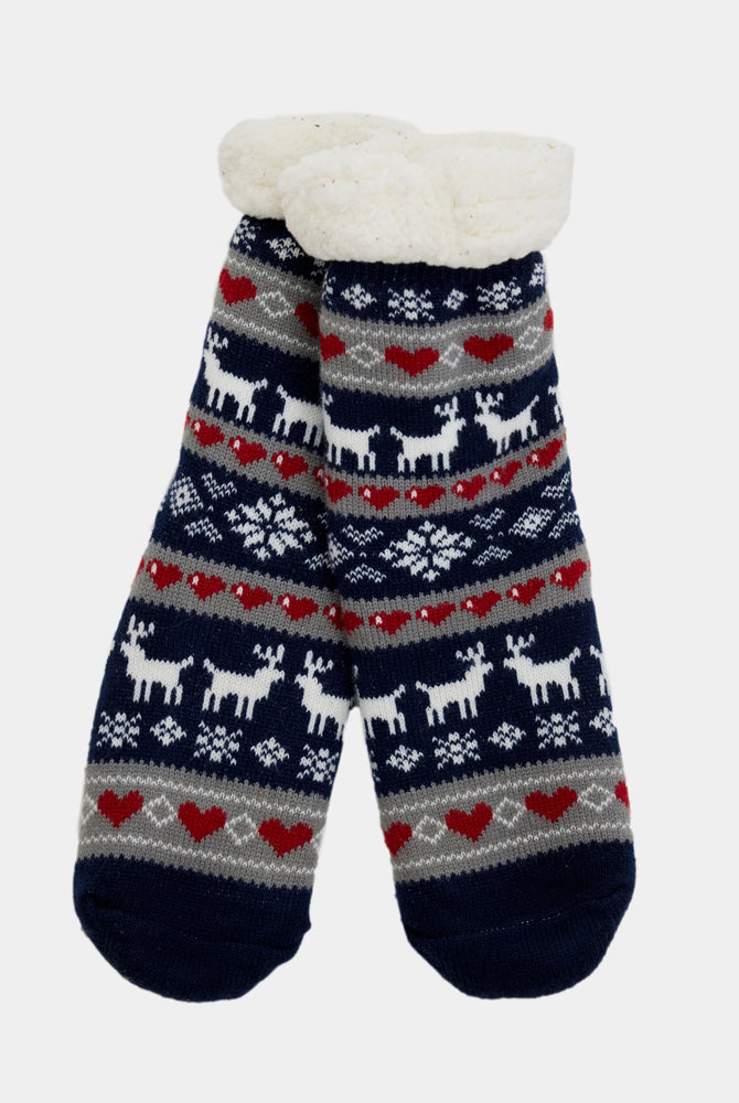 Chaussons Chaussettes de Nöel Bleu avec Rennes et Cœurs