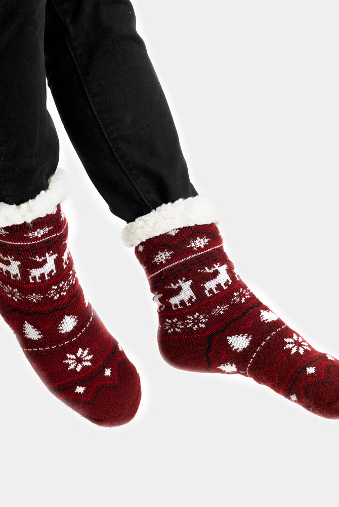 Chaussons Chaussettes de Noël Grenat avec Rennes Femme et Homme