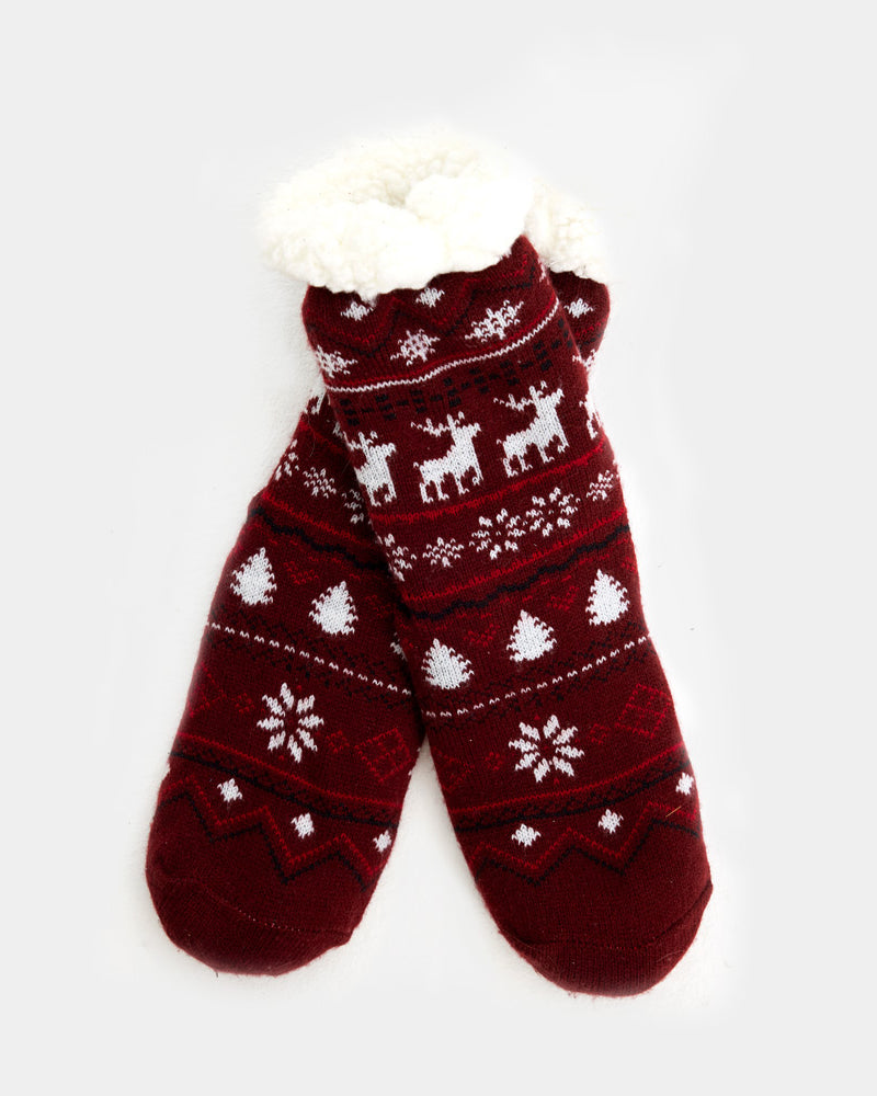 Chaussons Chaussettes de Noël Grenat avec Rennes