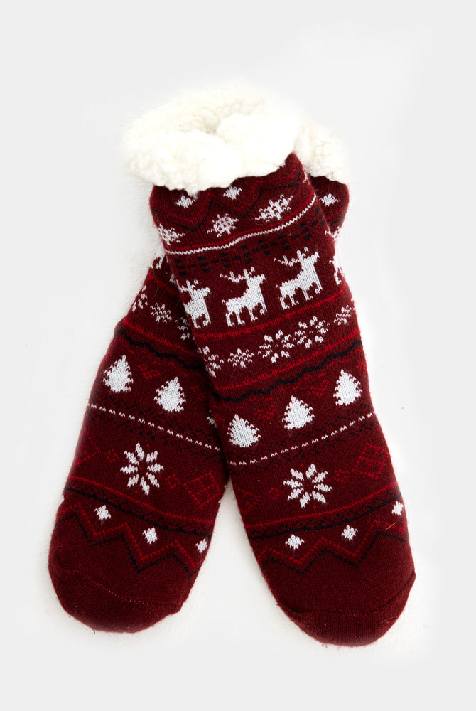 Chaussons Chaussettes de Noël Grenat avec Rennes