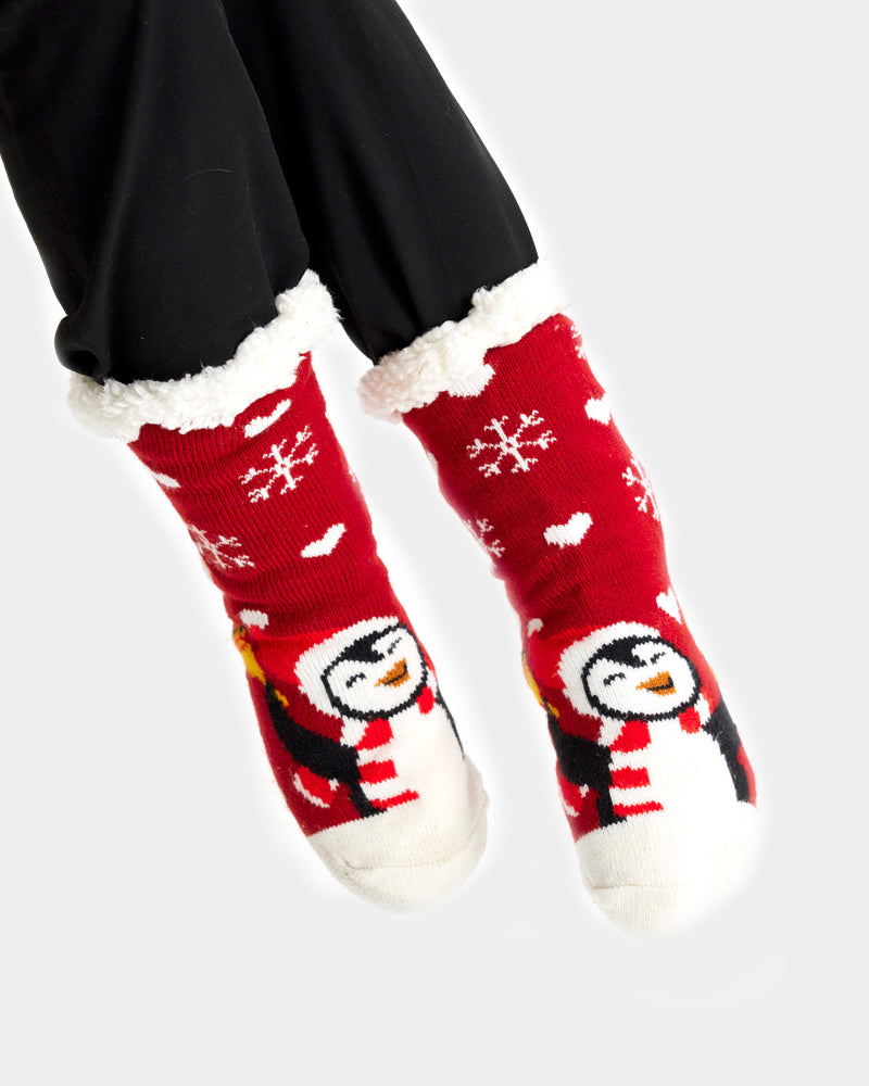 Chaussons Chaussettes de Noël Rouges avec Pingouin Femme et Homme