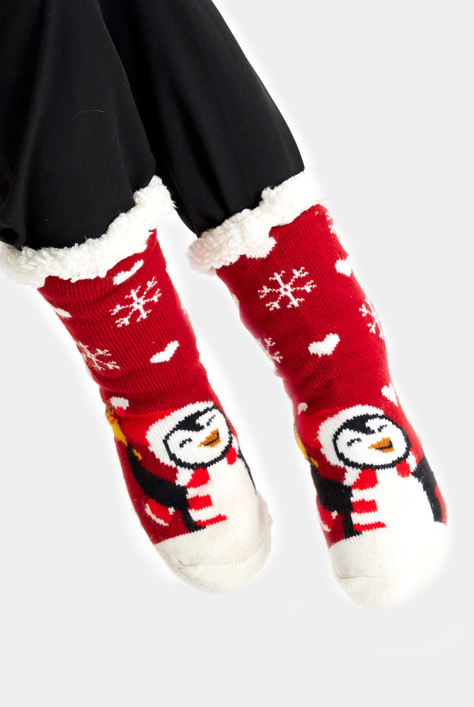 Chaussons Chaussettes de Noël Rouges avec Pingouin Femme et Homme