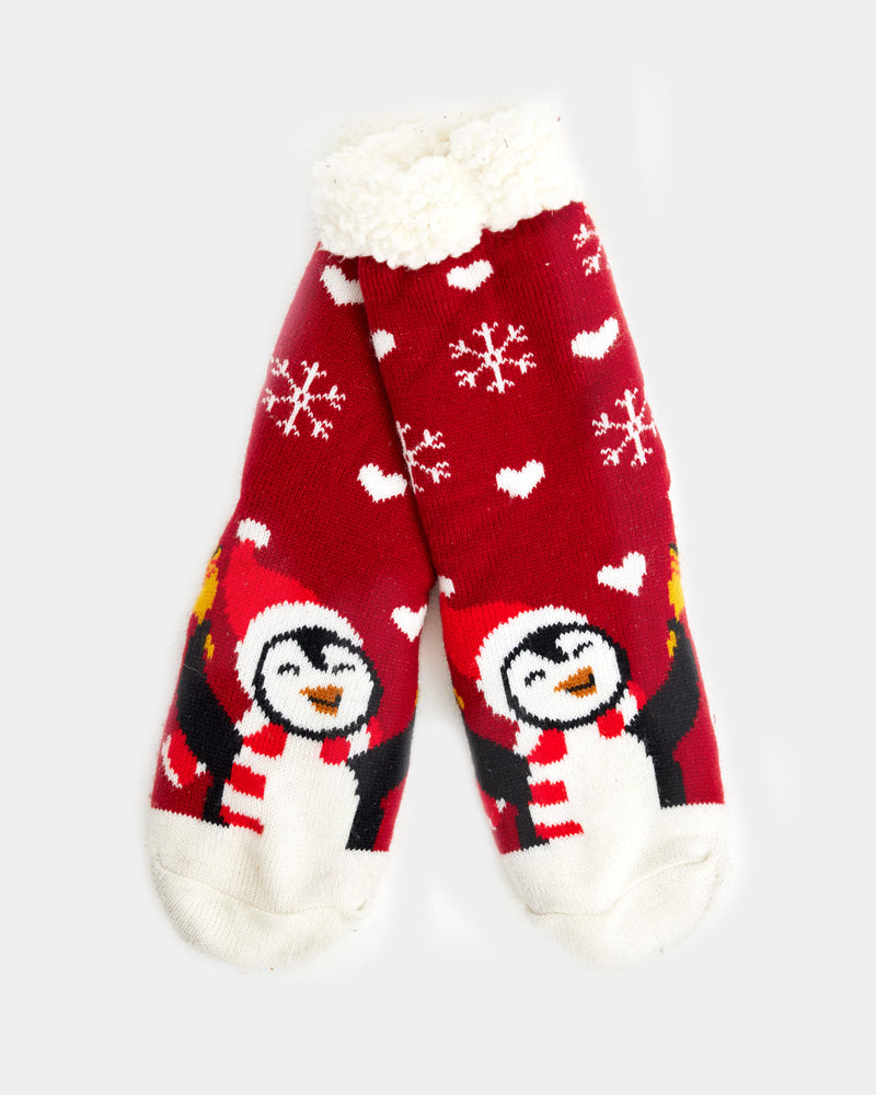 Chaussons Chaussettes de Noël Rouges avec Pingouin