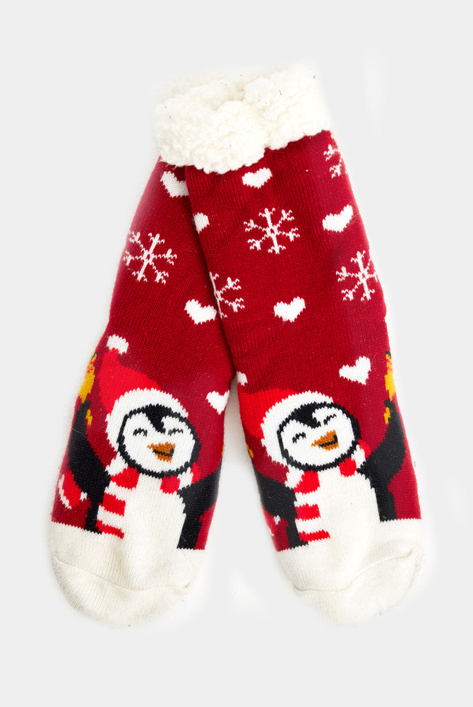 Chaussons Chaussettes de Noël Rouges avec Pingouin