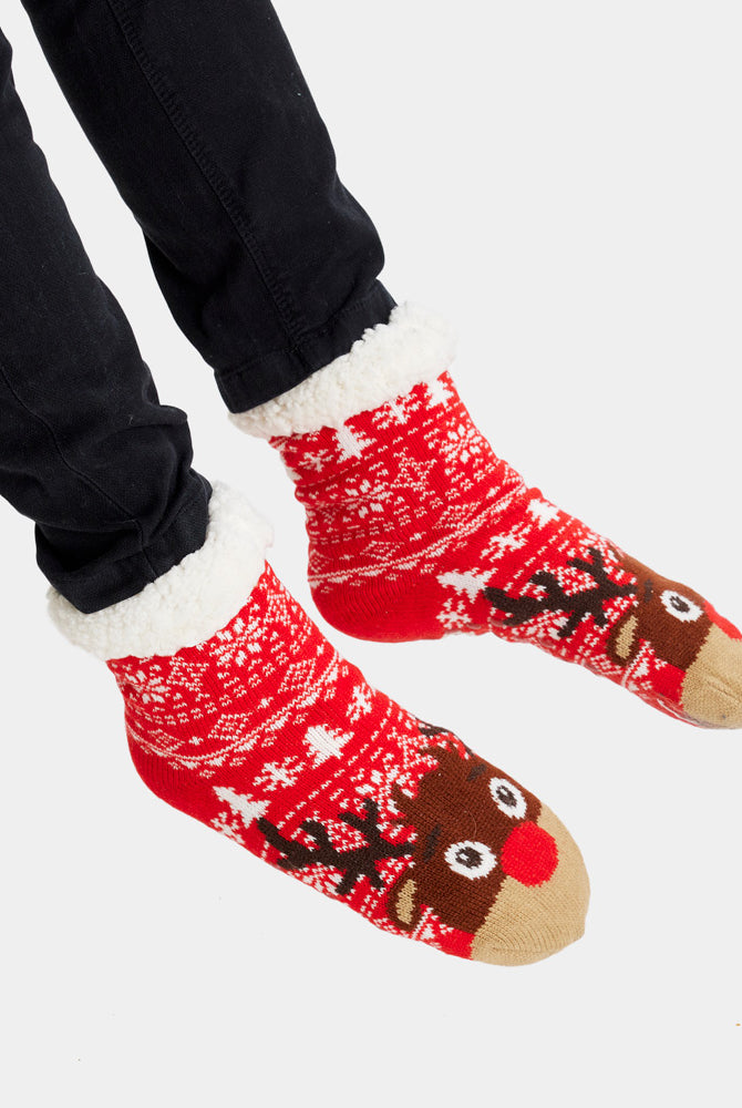 Chaussons Chaussettes de Noël rouges avec Sapins et Rennes Femme et Homme