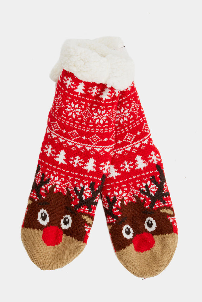 Chaussons Chaussettes de Noël rouges avec Sapins et Rennes