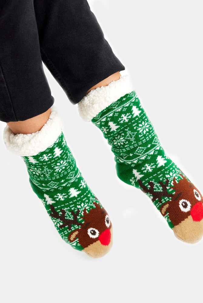Chaussons Chaussettes de Noël Vertes avec Sapins et Renne Femme et Homme