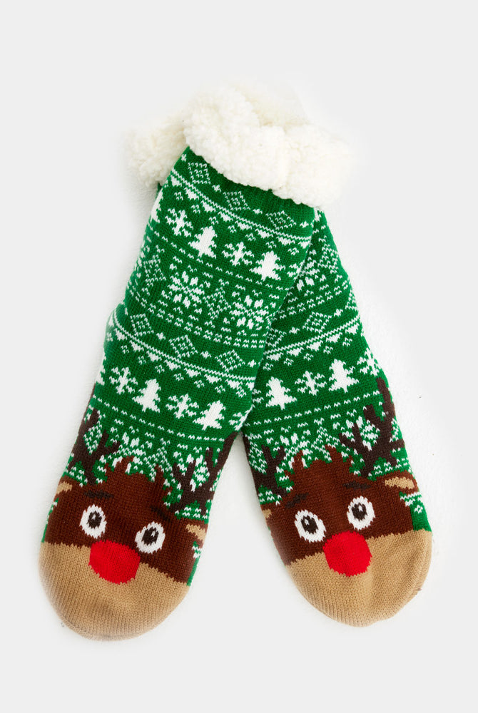 Chaussons Chaussettes de Noël Vertes avec Sapins et Renne