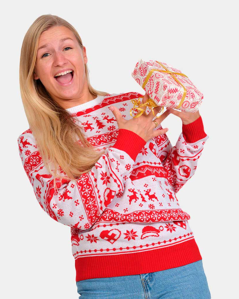Pull de Noël Bandes Rouge et Blanc Femme et Cadeau