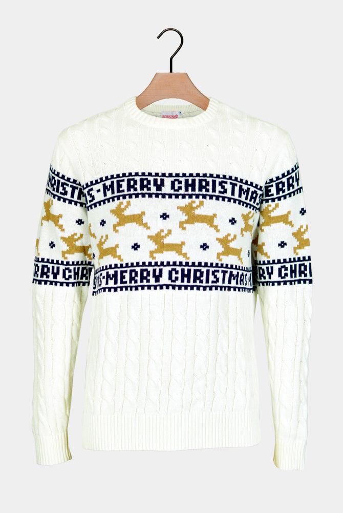 Pull de Noël Blanc Élégant avec Rennes Coton Bio