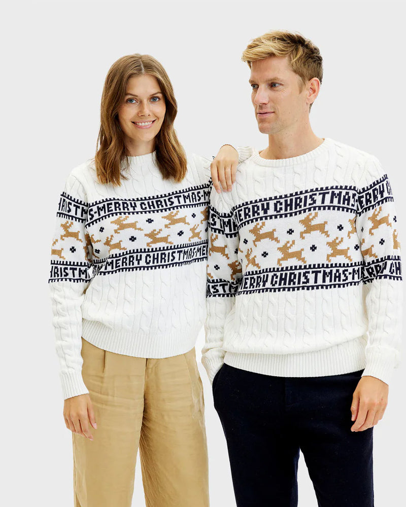 Couple Pull de Noël Blanc Élégant avec Rennes Coton Bio