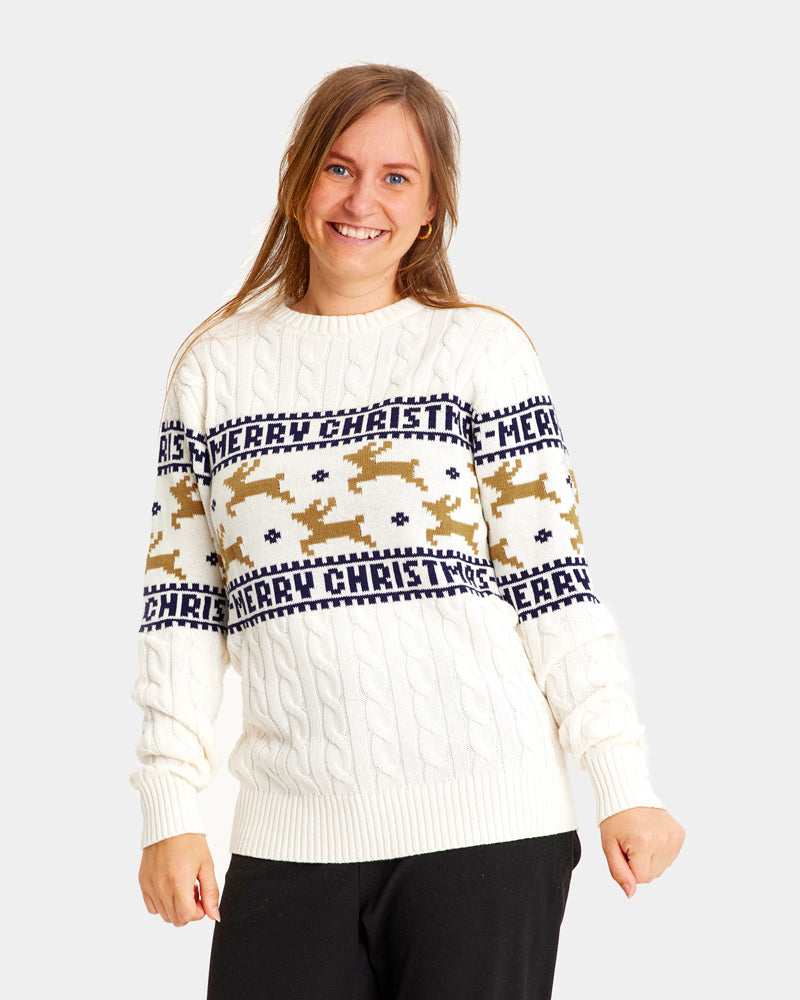 Pull de Noël Blanc Élégant avec Rennes Coton Bio Femme
