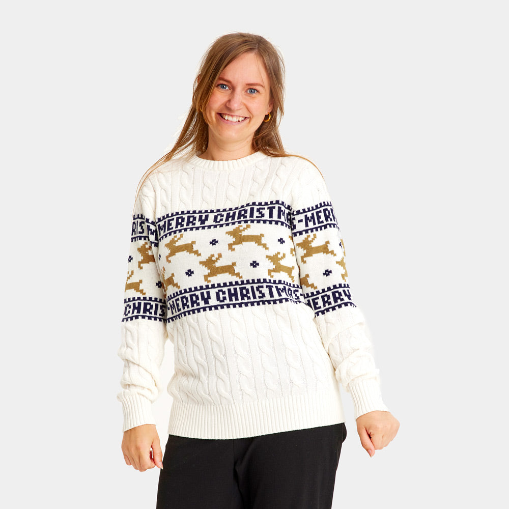 Pull de Noël Blanc Élégant avec Rennes Coton Bio Femme