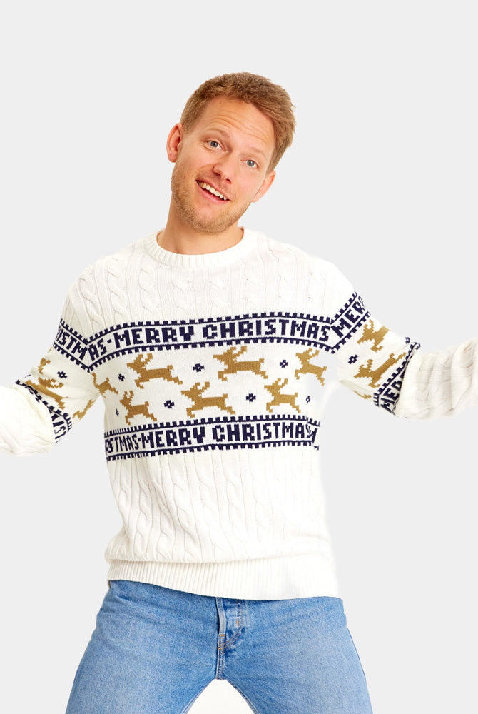 Pull de Noël Blanc Élégant avec Rennes Coton Bio Homme