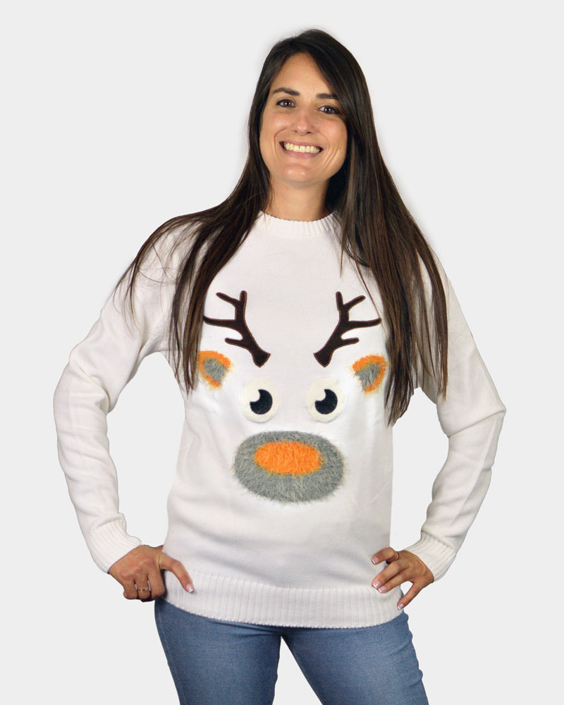 Pull de Noël Blanc avec Renne 3D Poilu Femme