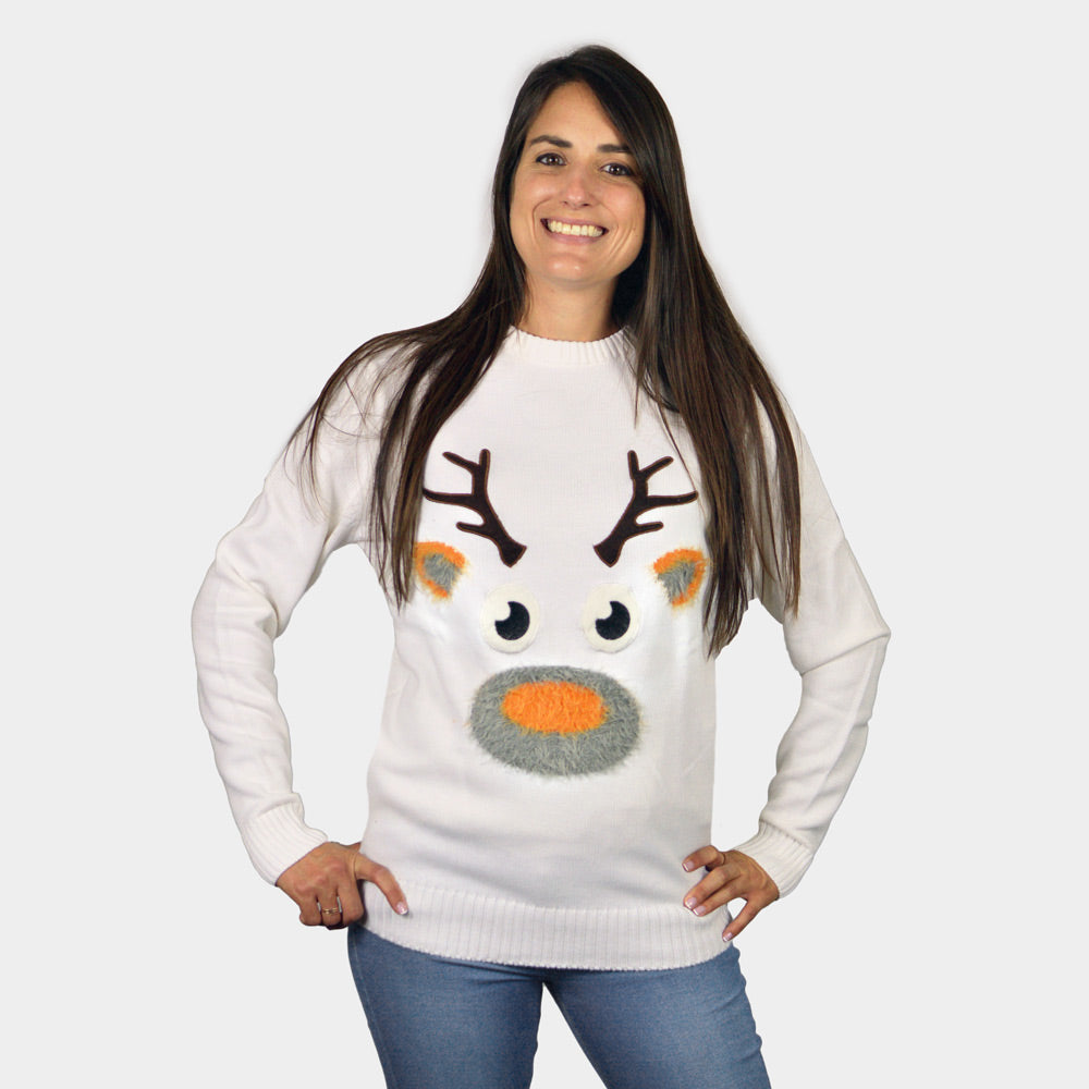 Pull de Noël Blanc avec Renne 3D Poilu Femme
