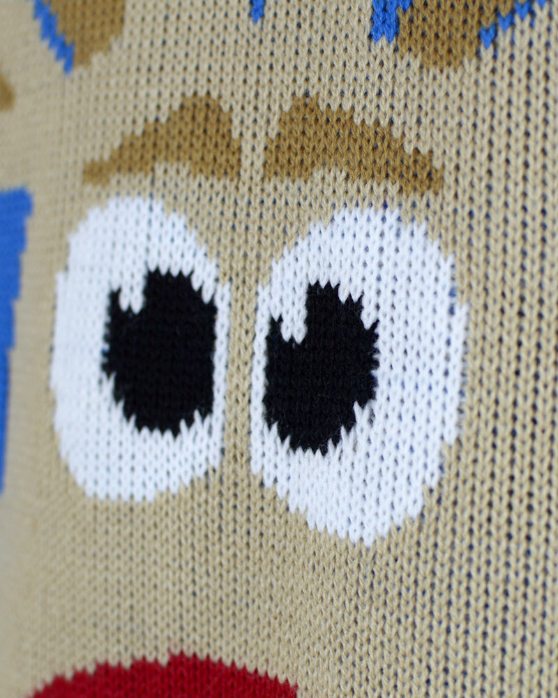 Pull de Noël Bleu Ciel avec Renne et Neige Détail