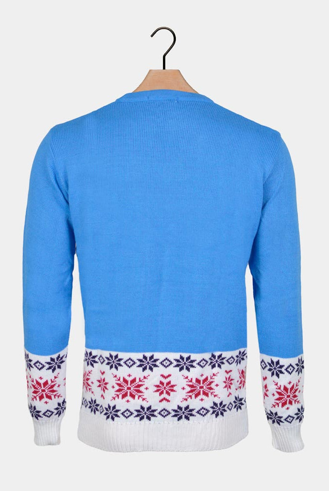 Pull de Noël Bleu Ciel avec Renne et Neige Dos