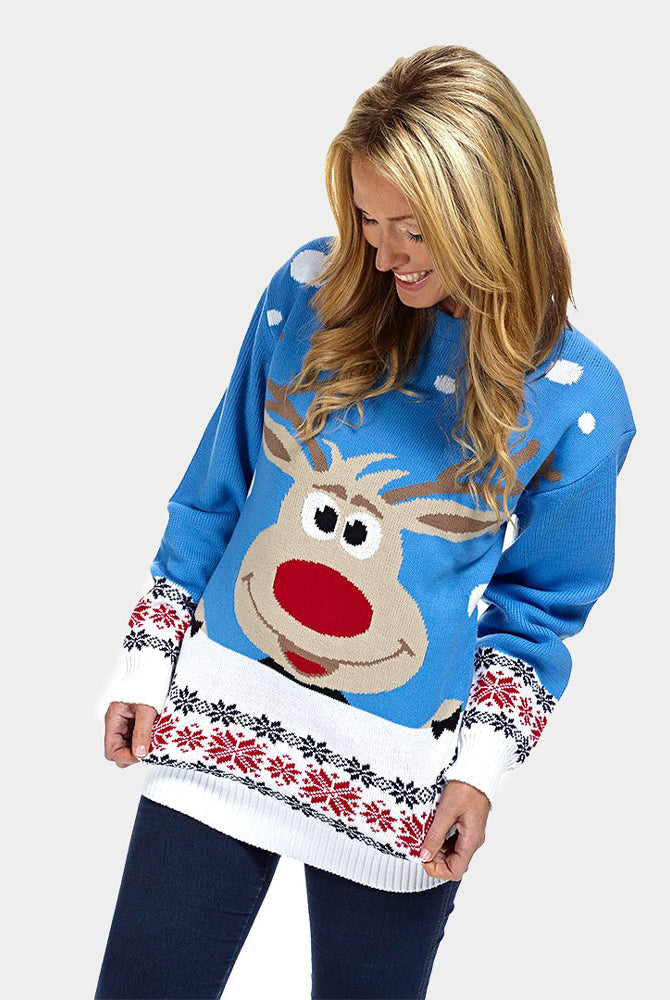 Pull de Noël Bleu Ciel avec Renne et Neige Femme