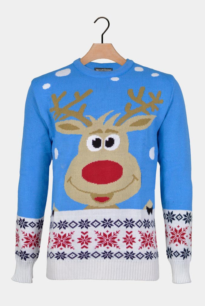 Pull de Noël Bleu Ciel avec Renne et Neige