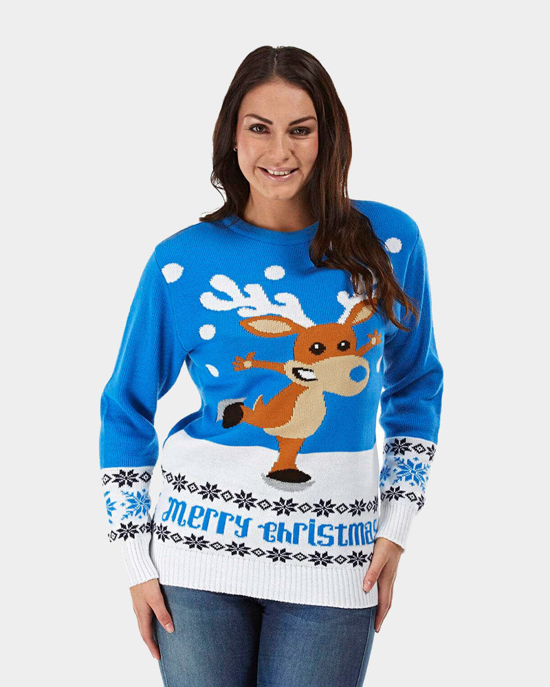 Pull de Noël Bleu Ciel avec Renne Patinant Femme