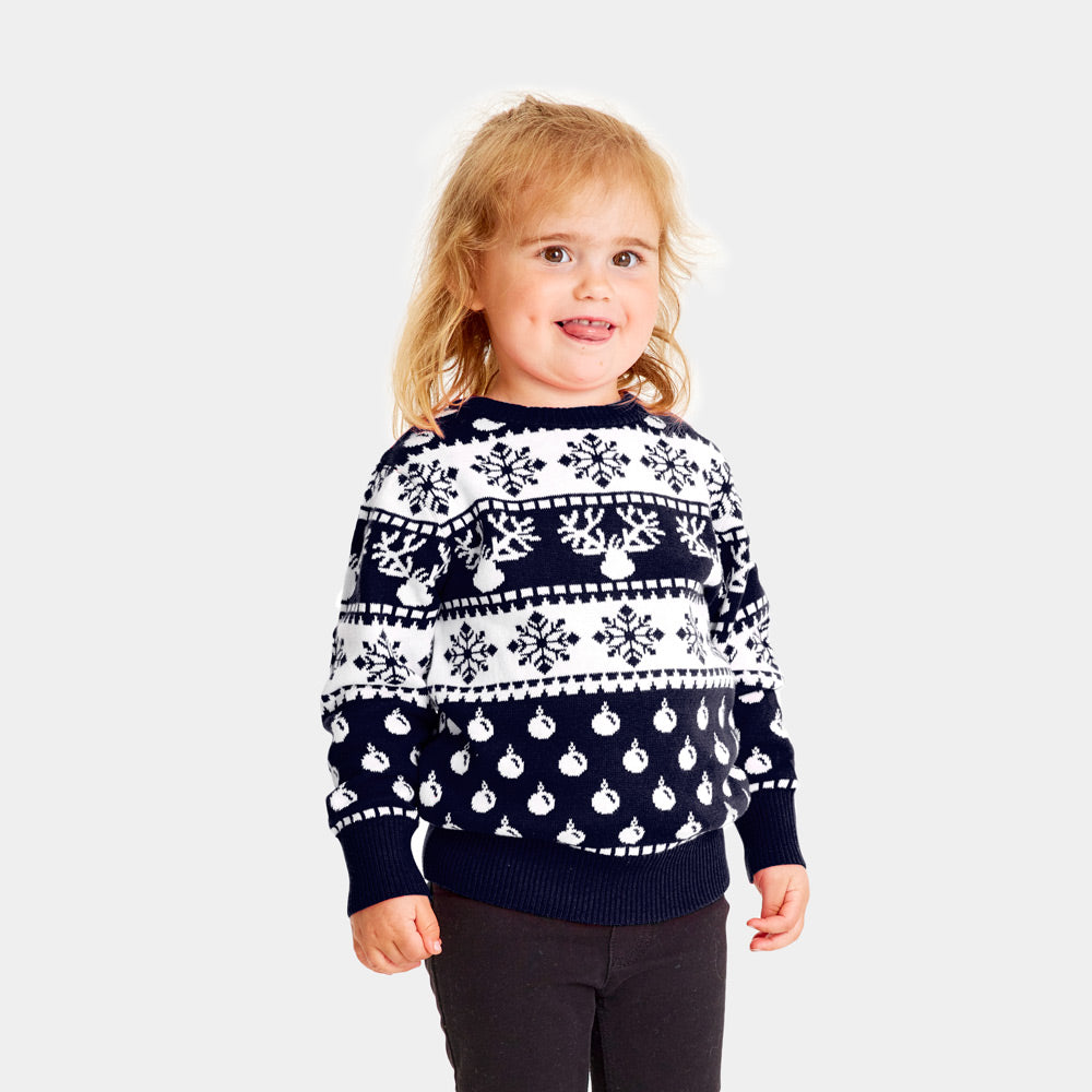 Pull de Noël Bleu pour Enfants avec Rennes et Neige Fille