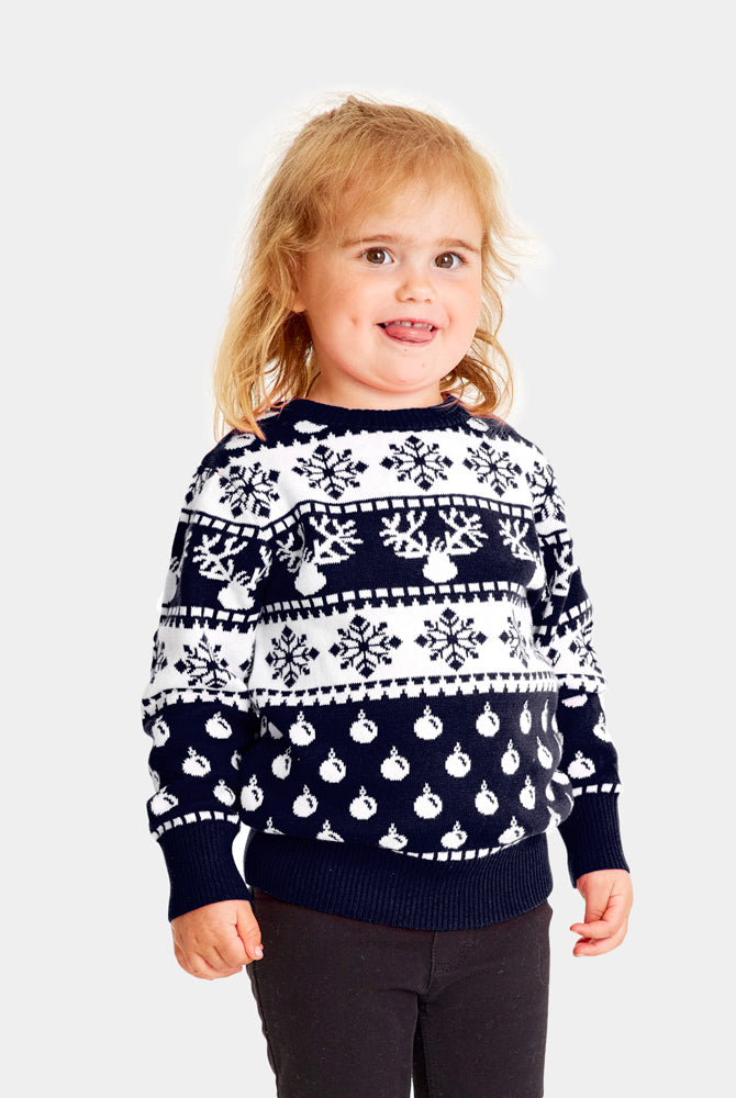 Pull de Noël Bleu pour Famille avec Rennes et Neige Enfants