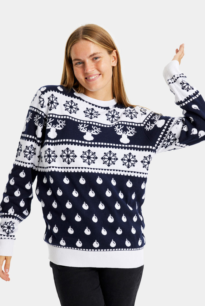 Pull de Noël Bleu pour Famille avec Rennes et Neige Femme