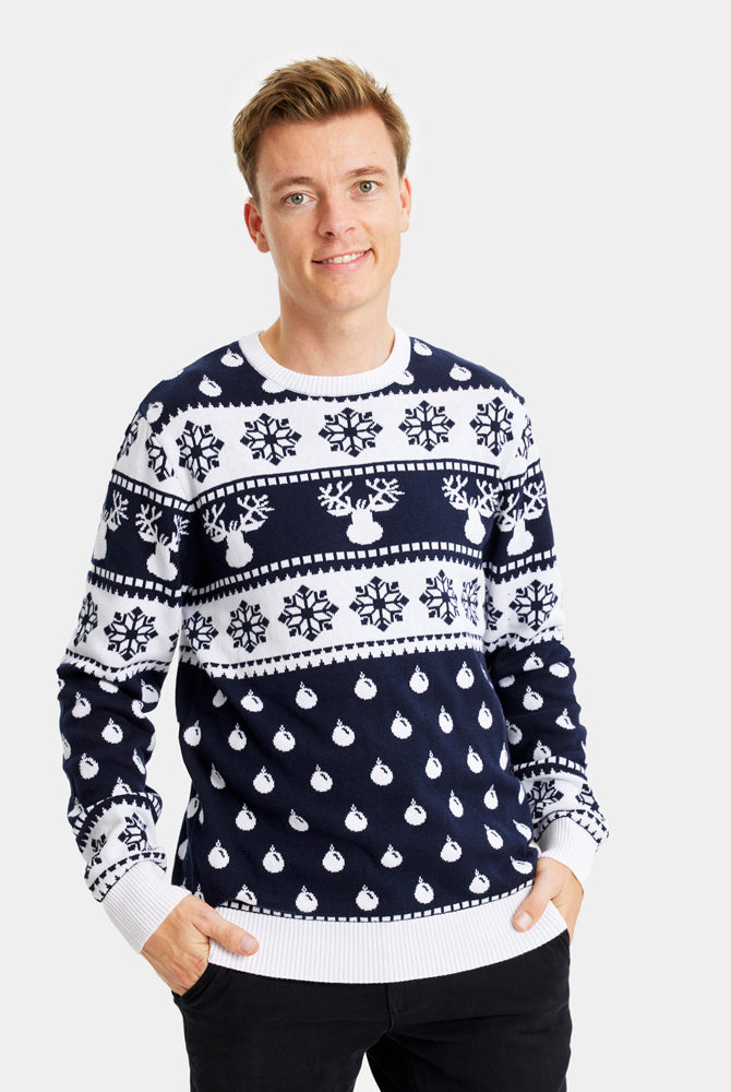 Pull de Noël Bleu pour Famille avec Rennes et Neige Homme