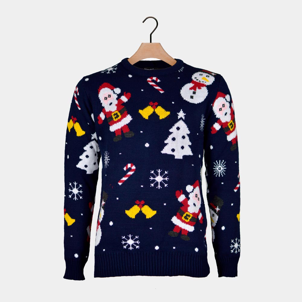 Pull de Noël Bleu Marine avec Père Noël et Bonhommes de Neige Pulls