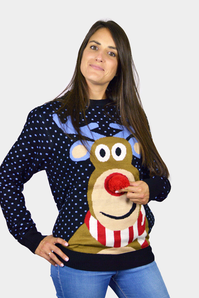 Pull de Noël Bleu Renne au Nez Rouge 3D femme
