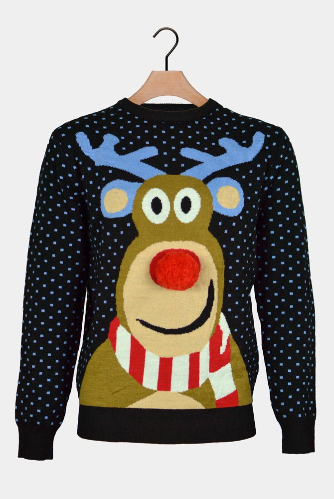 Pull de Noël Bleu Renne au Nez Rouge 3D