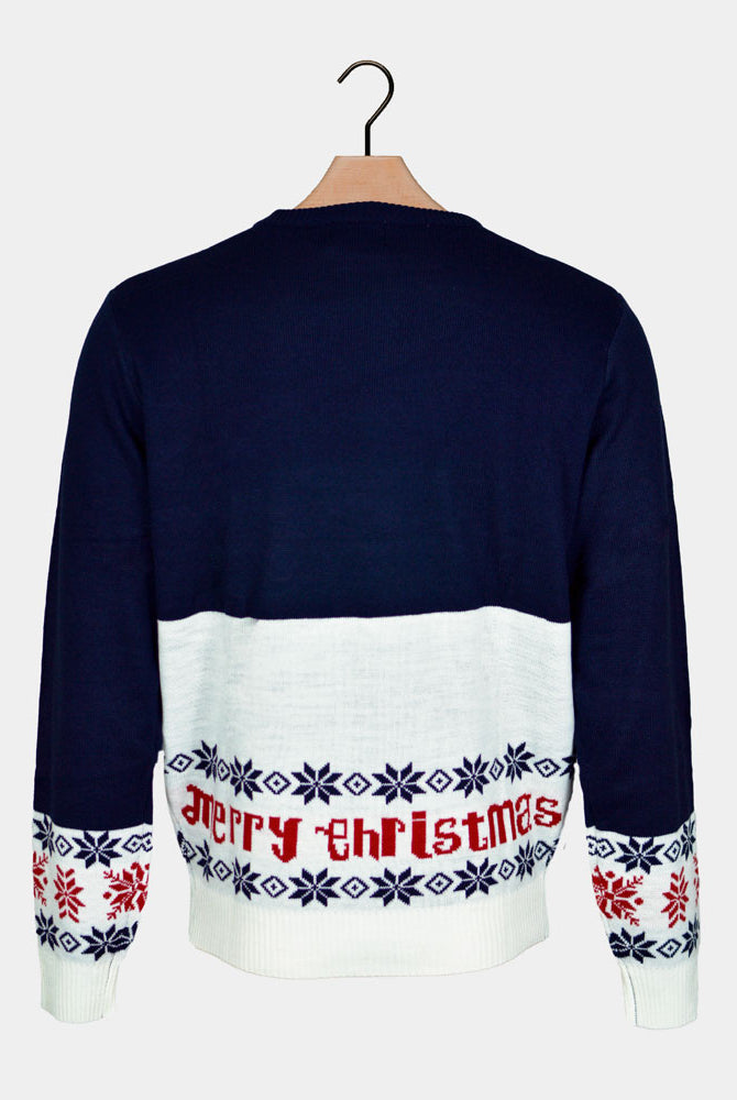 Pull de Noël Bleu Père Noël et Rudolph le Renne Dos