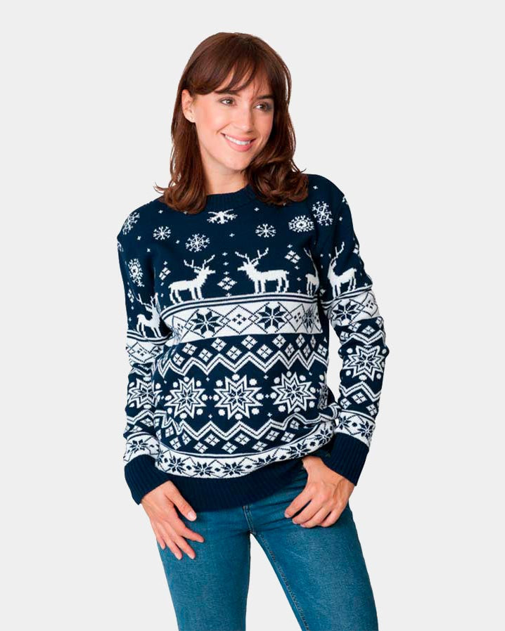 Pull de Noël Bleu avec Renne et Étoile Nordique 2021 Femme