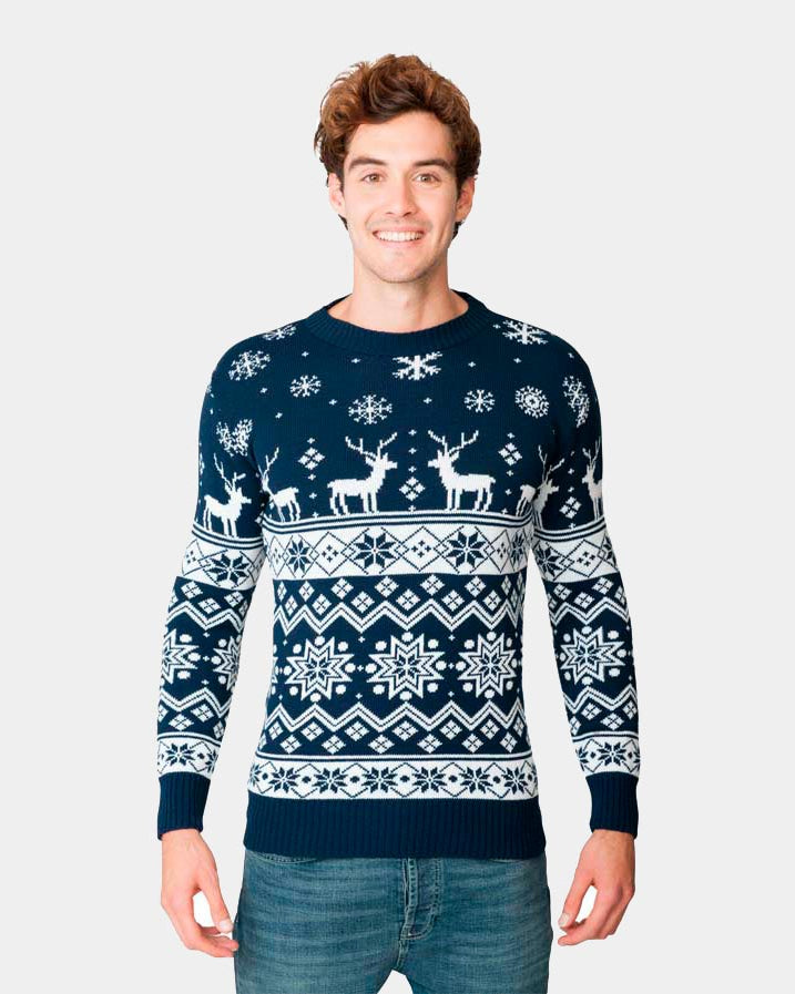 Pull de Noël Bleu avec Renne et Étoile Nordique 2021 Homme