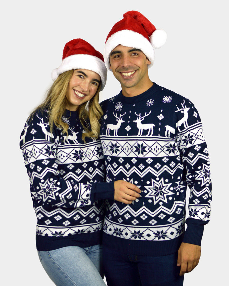 Pull de Noël pour Famille Bleu avec Renne et Étoiles Nordique couple