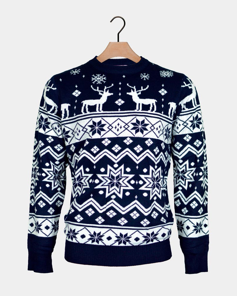 Pull de Noël pour Famille Bleu avec Renne et Étoiles Nordique