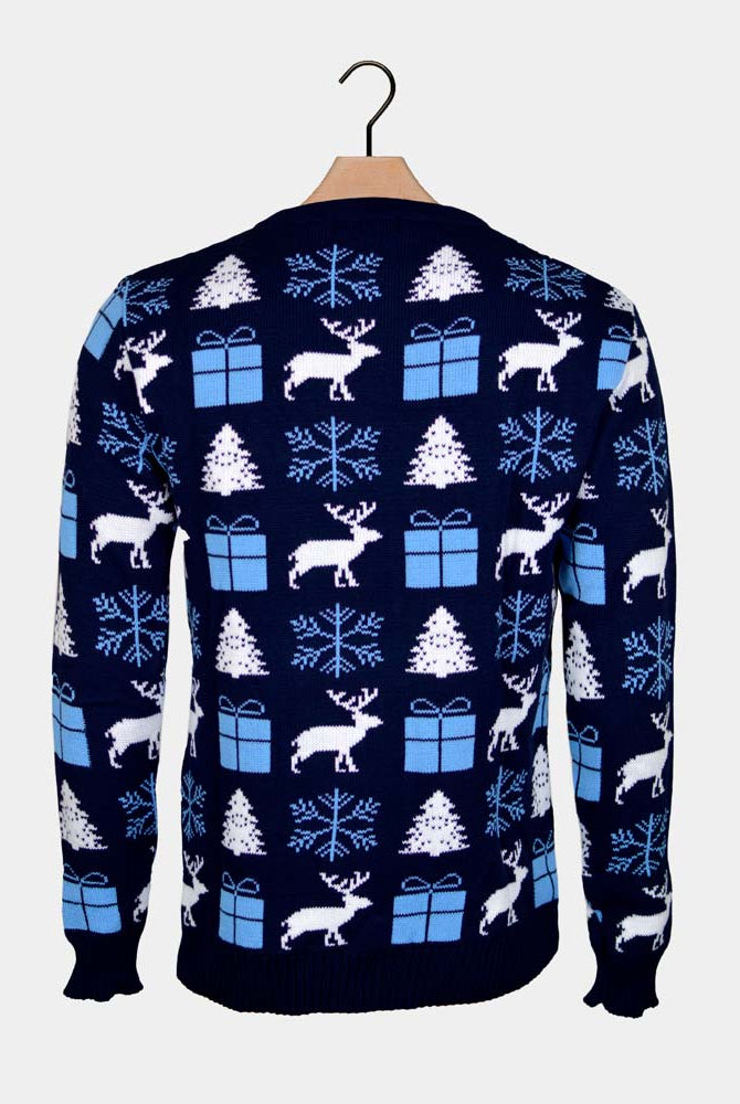 Pull de Noël Bleu avec Rennes, Cadeaux et Sapins Dos