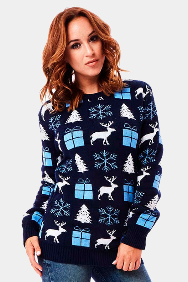 Pull de Noël Bleu avec Rennes, Cadeaux et Sapins Femme