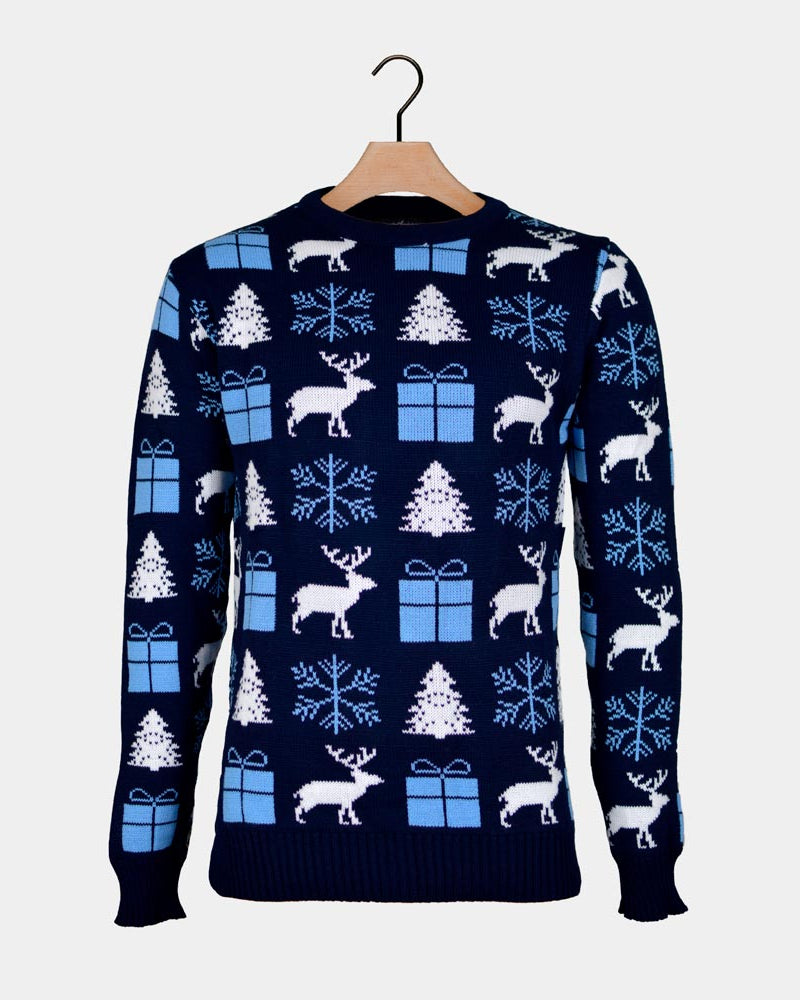 Pull de Noël Bleu avec Rennes, Cadeaux et Sapins