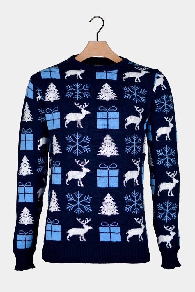 Pull de Noël Bleu avec Rennes, Cadeaux et Sapins
