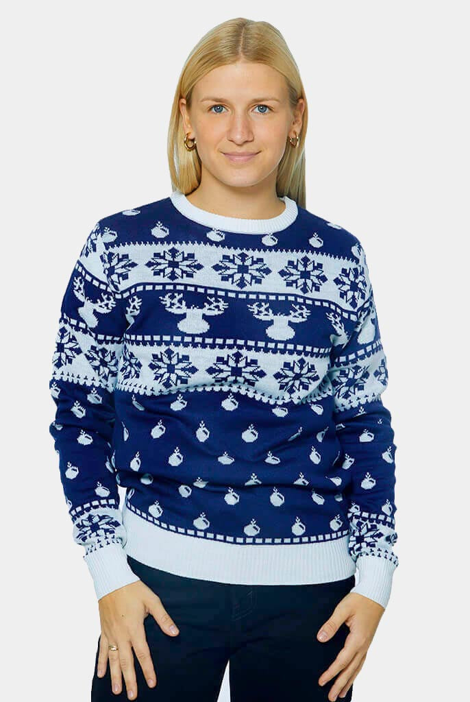 Pull de Noël Bleu avec Rennes et Neige 2021 Femme