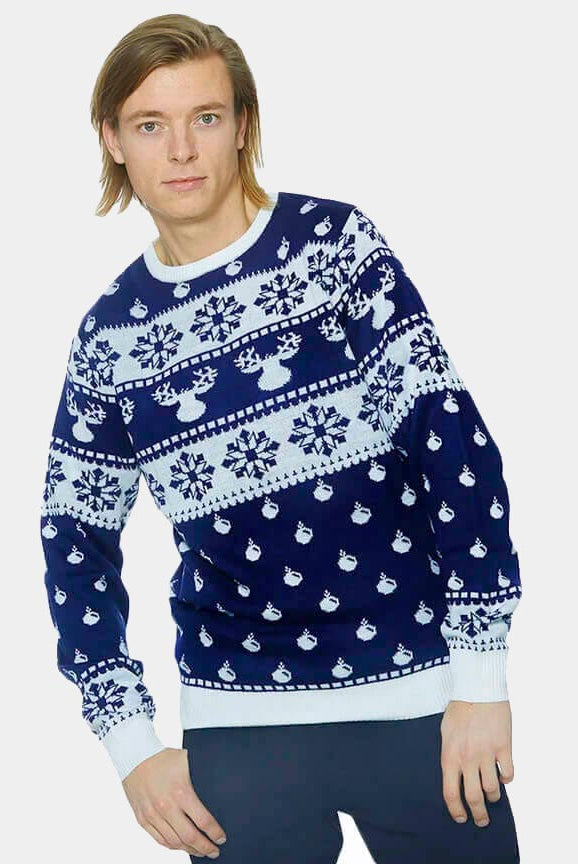 Pull de Noël Bleu avec Rennes et Neige 2021 Homme