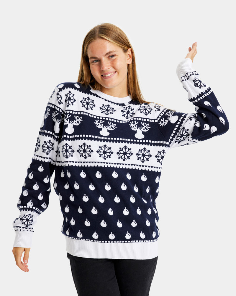 Pull de Noël Bleu avec Rennes et Neige Femme