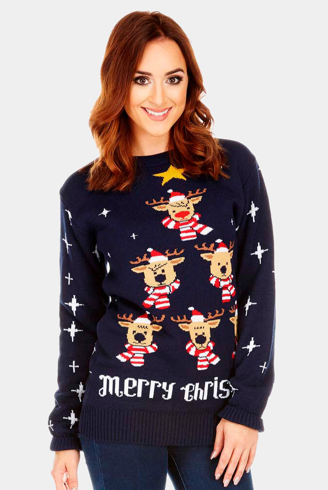 Pull de Noël Bleu Rennes, Sapin de Noël et Étoile Femme