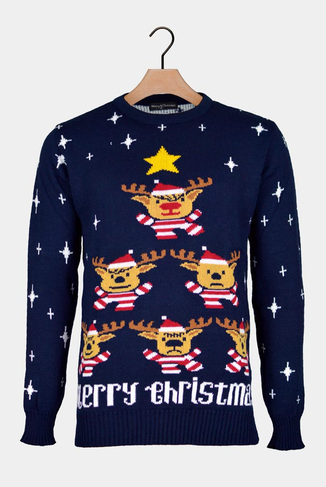 Pull de Noël Bleu Rennes, Sapin de Noël et Étoile