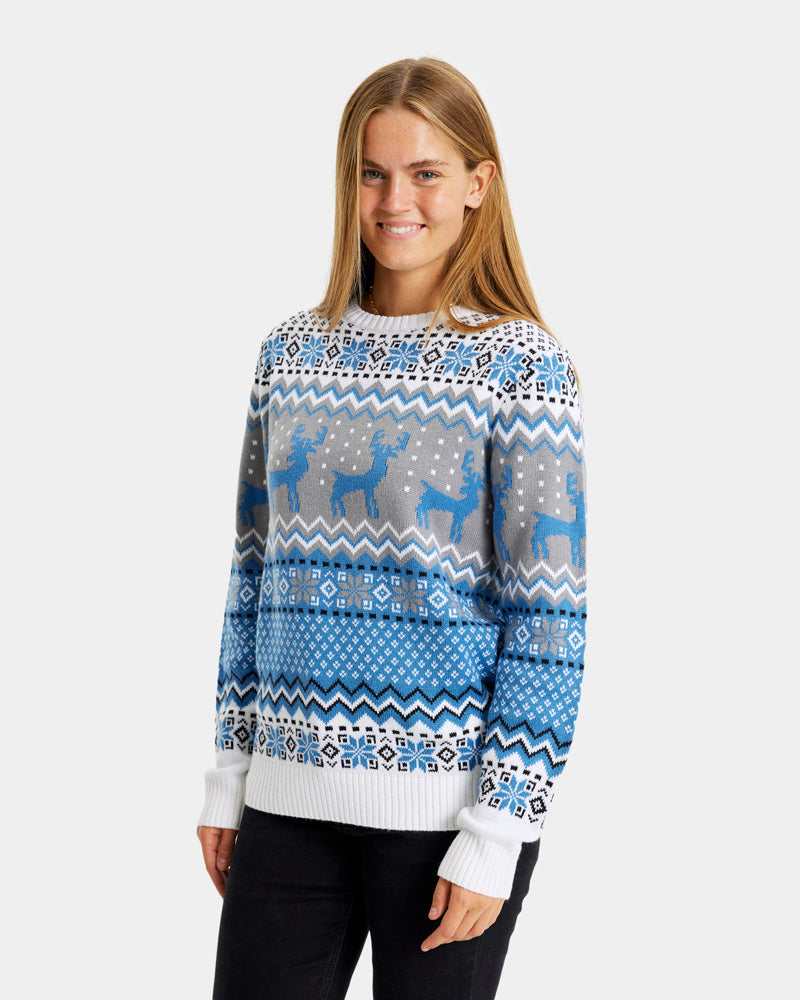 Pull de Noël Élégant Blanc, Gris et Bleu avec Rennes Mulher